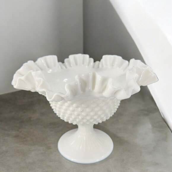 Fenton White Hobnail Footed Compote Ruffled Rim Edges Pedestal Bowl Dish Vintage - Picture 4 of 16